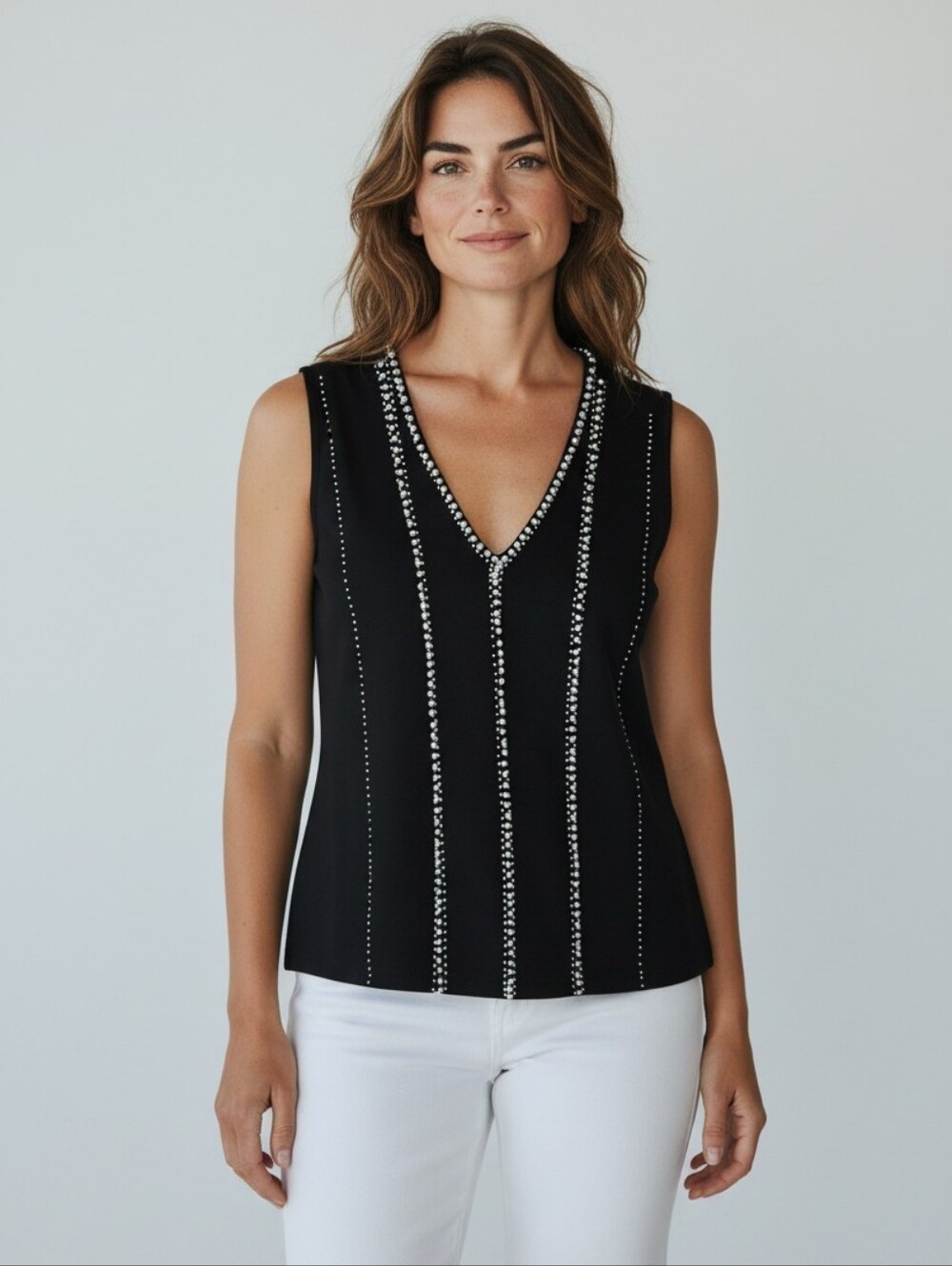Gracia Black Sleeveless V-Neck Tank with Pearl Trim
